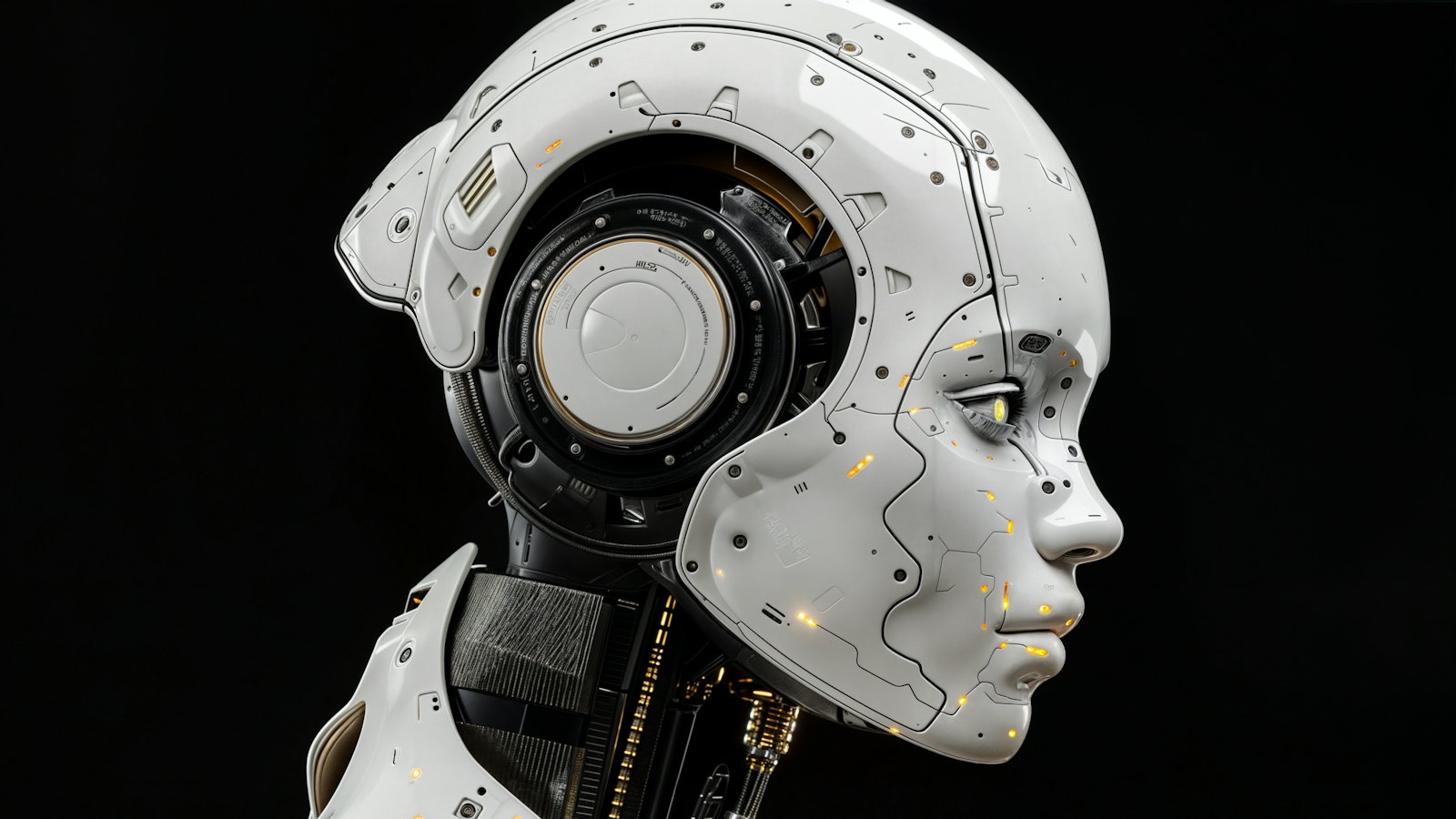 Beli humanoidni robot na crnoj pozadini
