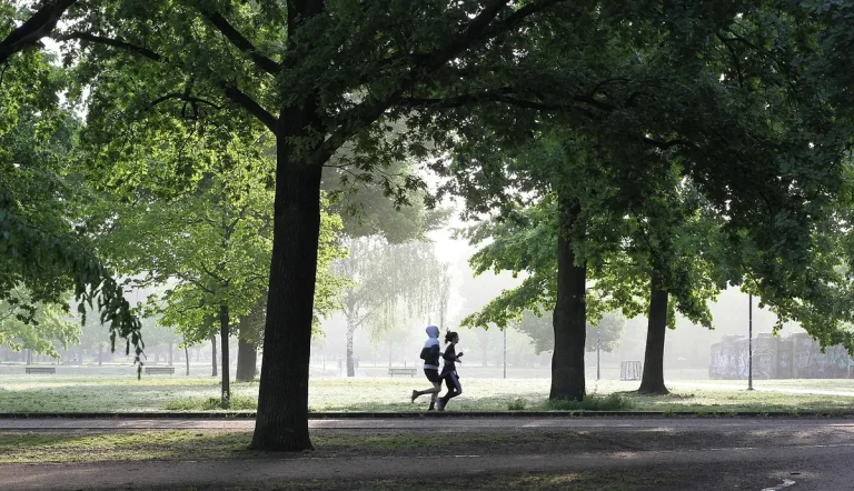 Trkač na stazi u parku, a u pozadini teretana sa trakama za trčanje